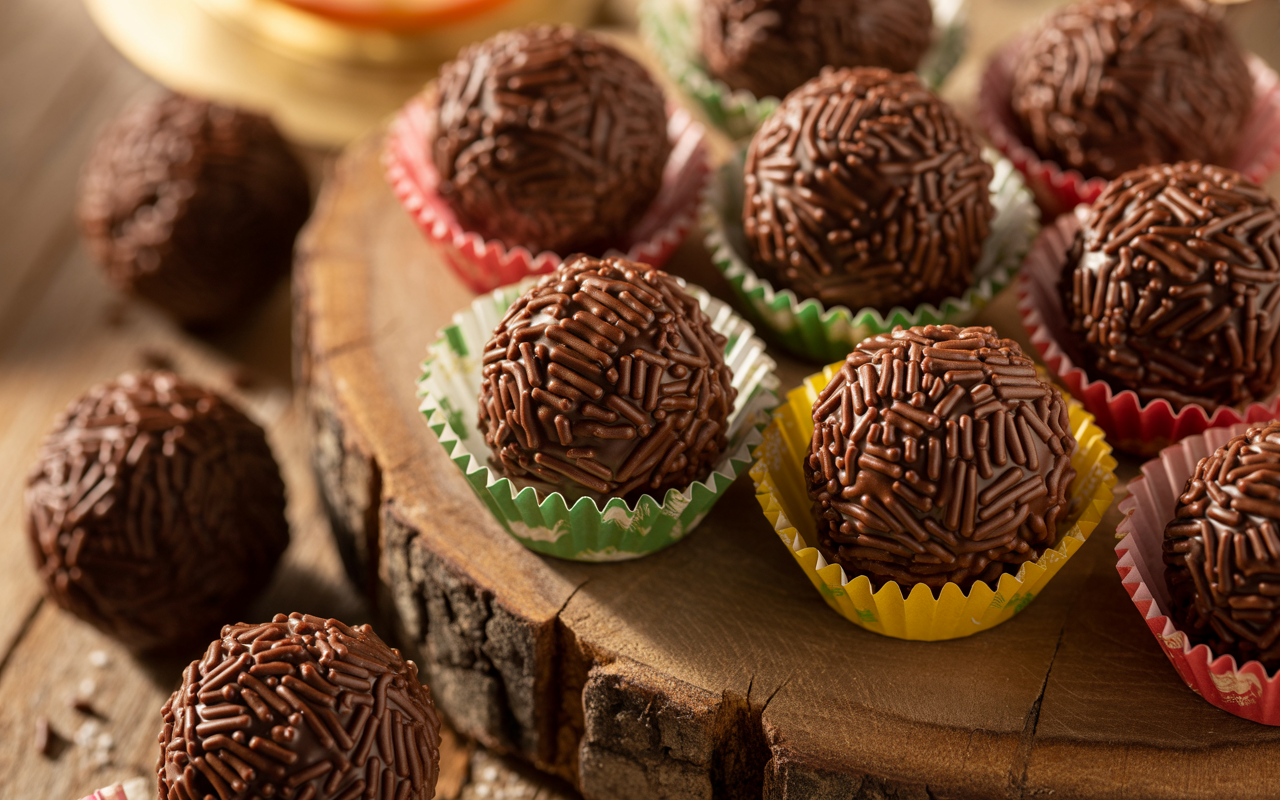Brigadeiro tradicional caseiro coberto com granulado, feito com leite condensado, cacau em pó e manteiga