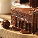 Fatia de bolo de chocolate com recheio e cobertura de brigadeiro cremoso, decorado com granulado