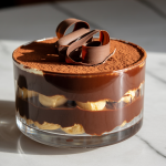 Pavê vegano de chocolate em taça, feito com leite condensado vegetal, cacau em pó e biscoito vegano